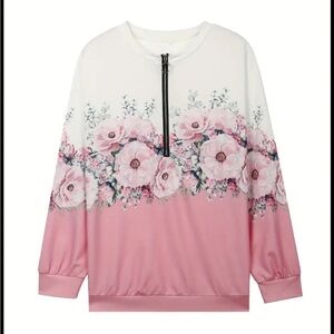Temu 3X Floral Pink and White Quarter-Zip long sleeve top 30”L 24” p2p